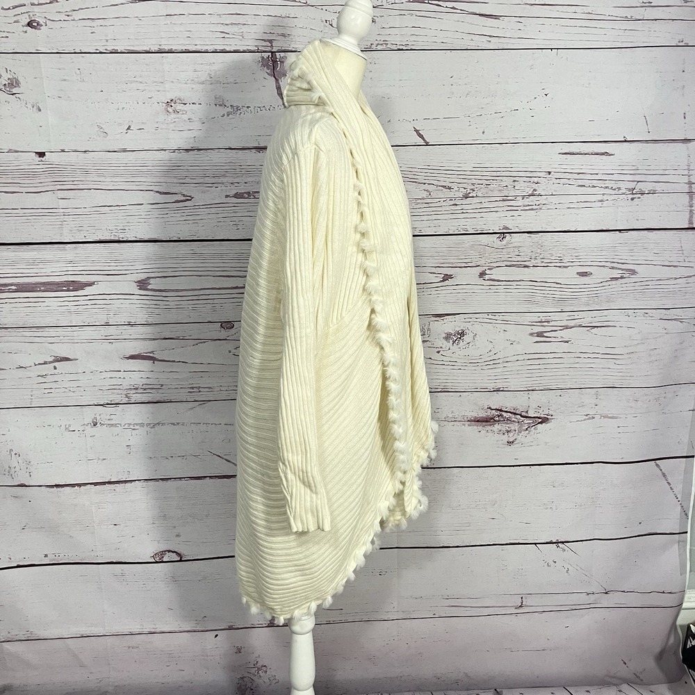 Chico's 3 Ecru Knit Open Cardigan‎ Sweater Fringe Trim Whipstitch Rib - Picture 4 of 15